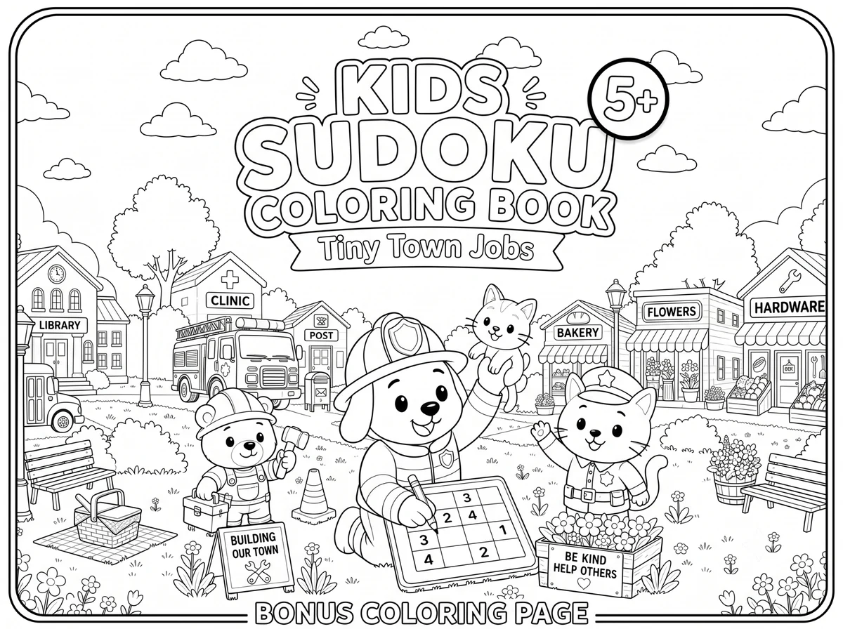 Black-and-white Tiny Town Jobs bonus coloring page with a firefighter, builder and police officer
